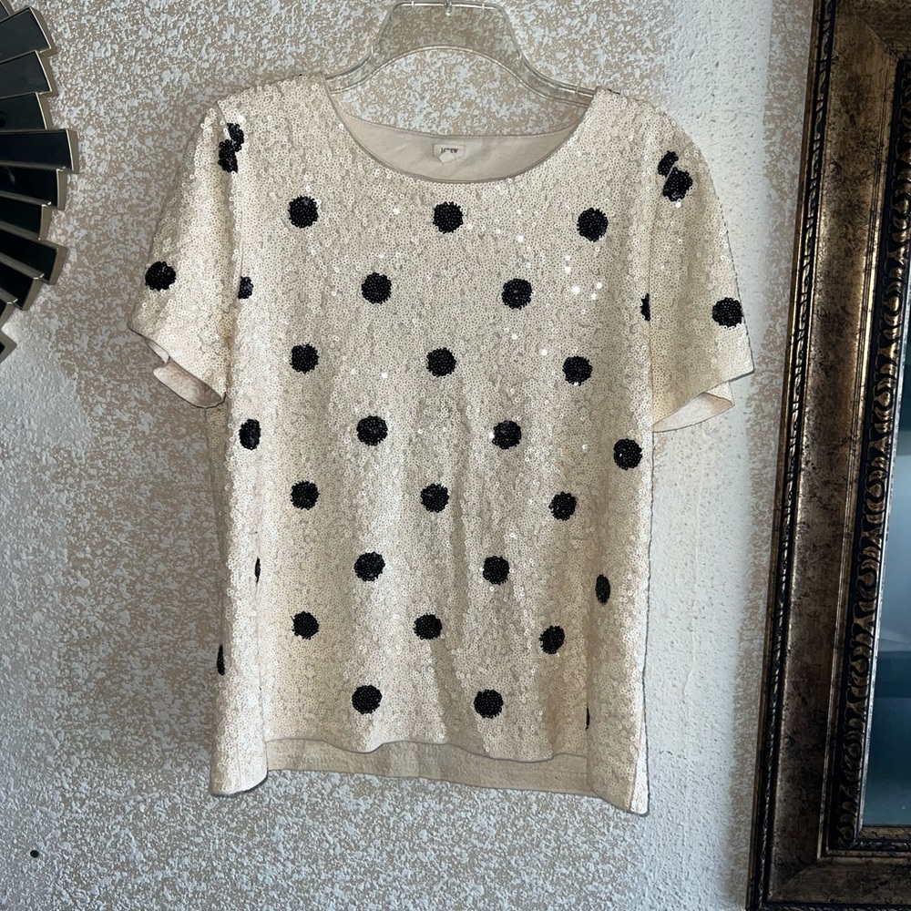 J. Crew Cream and Black Polka Dot Short Sleeve Top